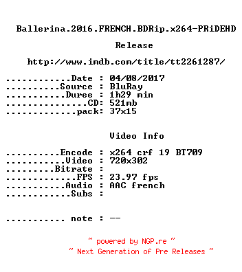 NFO for the release Ballerina.2016.FRENCH.BDRip.x264-PRiDEHD by PRiDEHD