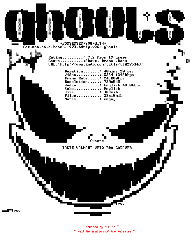 NFO for the release Fat.Man.On.A.Beach.1973.BDRip.x264-GHOULS by GHOULS