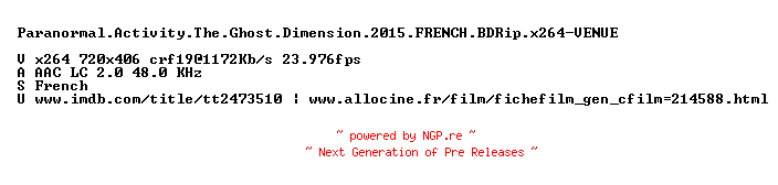 NFO for the release Paranormal.Activity.The.Ghost.Dimension.2015.FRENCH.BDRip.x264-VENUE by VENUE