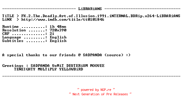 NFO for the release FX.2.The.Deadly.Art.of.Illusion.1991.iNTERNAL.BDRip.x264-LiBRARiANS by LiBRARiANS