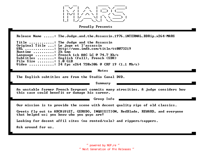 NFO for the release The.Judge.and.the.Assassin.1976.iNTERNAL.BDRip.x264-MARS by MARS