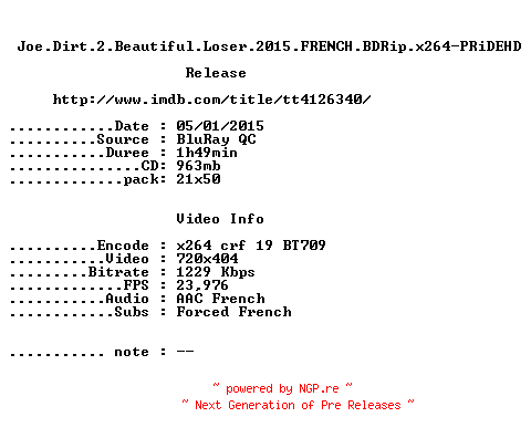 NFO for the release Joe.Dirt.2.Beautiful.Loser.2015.FRENCH.BDRip.x264-PRiDEHD by PRiDEHD