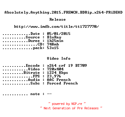 NFO for the release Absolutely.Anything.2015.FRENCH.BDRip.x264-PRiDEHD by PRiDEHD