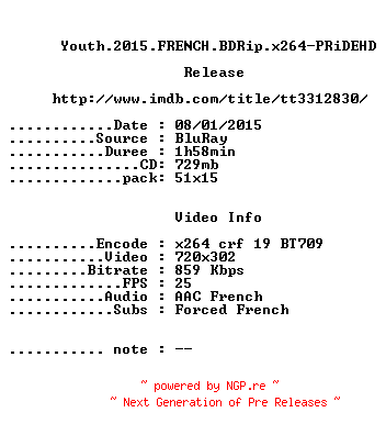 NFO for the release Youth.2015.FRENCH.BDRip.x264-PRiDEHD by PRiDEHD