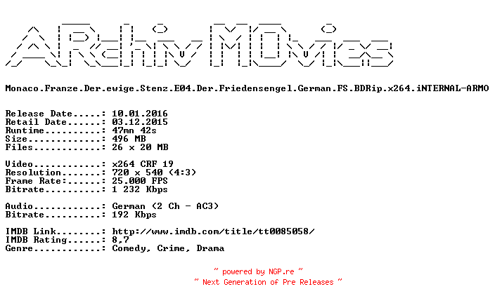 NFO for the release Monaco.Franze.Der.ewige.Stenz.E04.Der.Friedensengel.German.FS.BDRip.x264.iNTERNAL-ARMO by ARMO