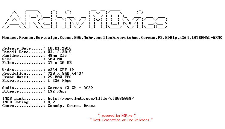 NFO for the release Monaco.Franze.Der.ewige.Stenz.E06.Mehr.seelisch.verstehns.German.FS.BDRip.x264.iNTERNAL-ARMO by ARMO