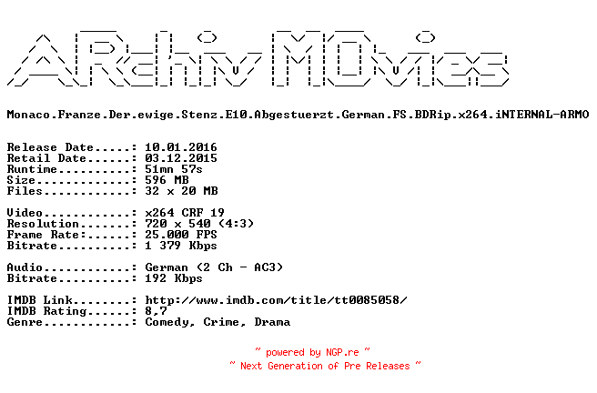 NFO for the release Monaco.Franze.Der.ewige.Stenz.E10.Abgestuerzt.German.FS.BDRip.x264.iNTERNAL-ARMO by ARMO