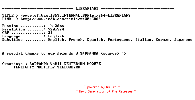 NFO for the release House.of.Wax.1953.iNTERNAL.BDRip.x264-LiBRARiANS by LiBRARiANS