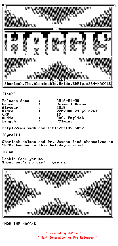 NFO for the release Sherlock.The.Abominable.Bride.BDRip.x264-HAGGiS by HAGGiS