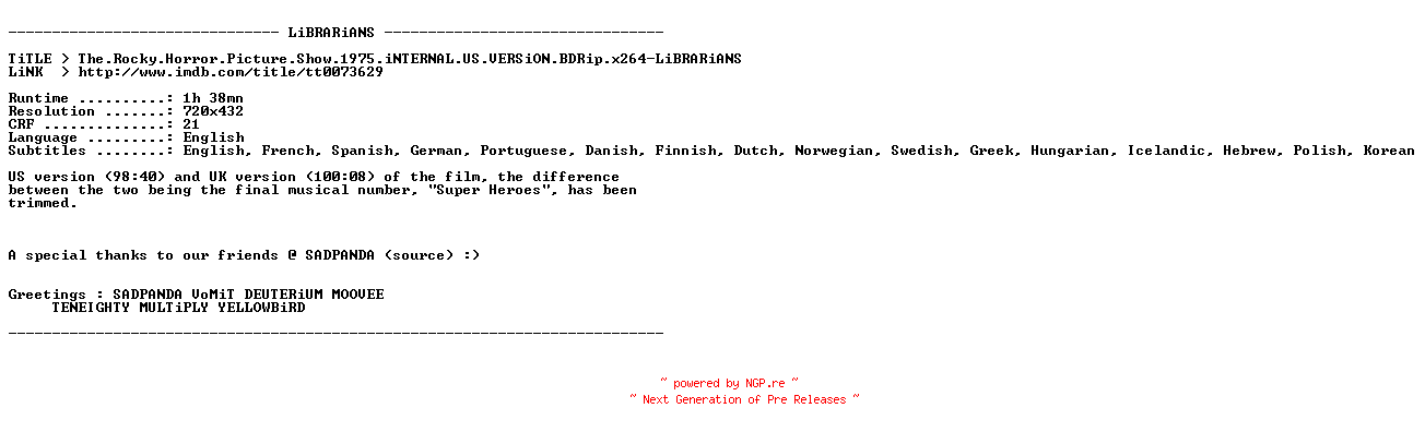 NFO for the release The.Rocky.Horror.Picture.Show.1975.iNTERNAL.US.VERSiON.BDRip.x264-LiBRARiANS by LiBRARiANS