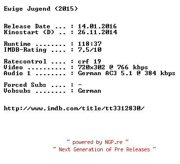 NFO for the release Ewige.Jugend.German.2015.AC3.BDRiP.x264-EXQUiSiTE by EXQUiSiTE