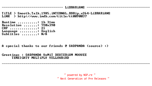 NFO for the release Smooth.Talk.1985.iNTERNAL.BDRip.x264-LiBRARiANS by LiBRARiANS