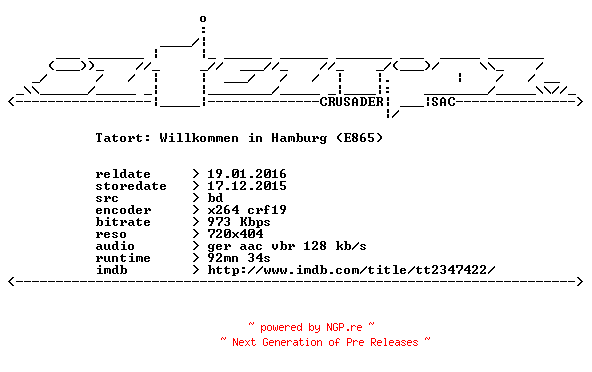 NFO for the release Tatort.E865.Willkommen.in.Hamburg.German.BDRip.x264-iNTENTiON by iNTENTiON