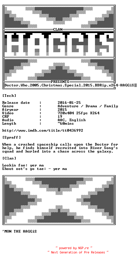 NFO for the release Doctor.Who.2005.Christmas.Special.2015.BDRip.x264-HAGGiS by HAGGiS