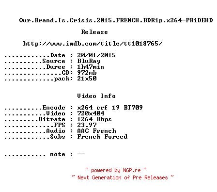 NFO for the release Our.Brand.Is.Crisis.2015.FRENCH.BDRip.x264-PRiDEHD by PRiDEHD