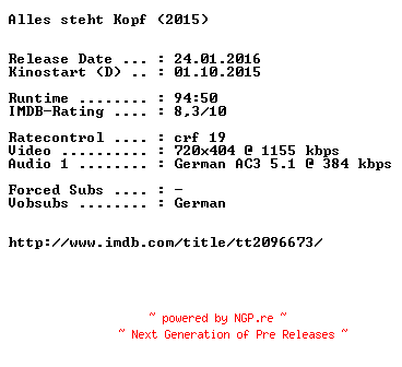 NFO for the release Alles.steht.Kopf.German.2015.AC3.BDRiP.x264-EXQUiSiTE by EXQUiSiTE