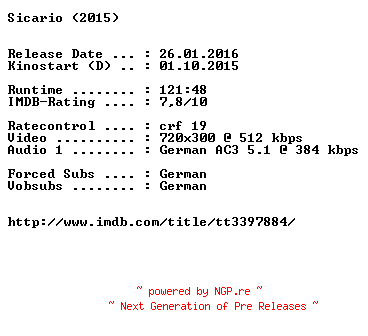 NFO for the release Sicario.German.2015.AC3.BDRiP.x264-EXQUiSiTE by EXQUiSiTE