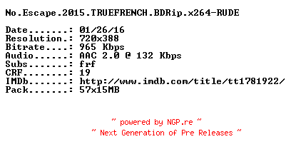 NFO for the release No.Escape.2015.TRUEFRENCH.BDRip.x264-RUDE by RUDE