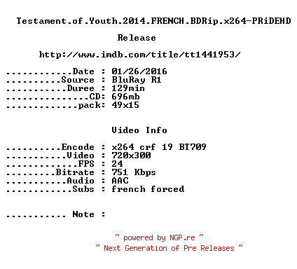 NFO for the release Testament.of.Youth.2014.FRENCH.BDRip.x264-PRiDEHD by PRiDEHD