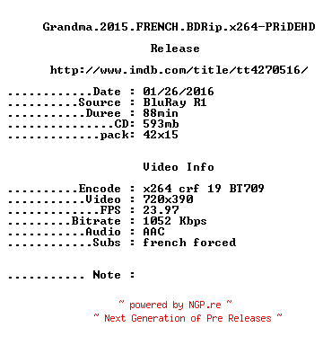 NFO for the release Grandma.2015.FRENCH.BDRip.x264-PRiDEHD by PRiDEHD