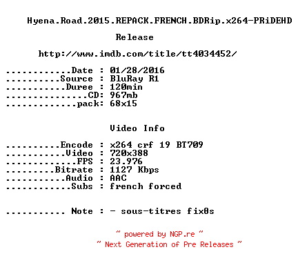 NFO for the release Hyena.Road.2015.REPACK.FRENCH.BDRip.x264-PRiDEHD by PRiDEHD