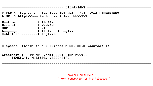 NFO for the release Stay.as.You.Are.1978.iNTERNAL.BDRip.x264-LiBRARiANS by LiBRARiANS