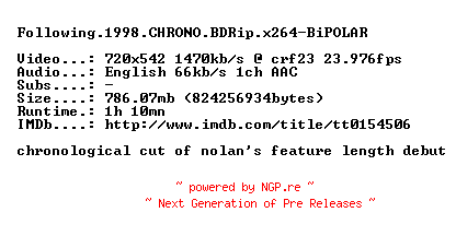 NFO for the release Following.1998.CHRONO.BDRip.x264-BiPOLAR by BiPOLAR