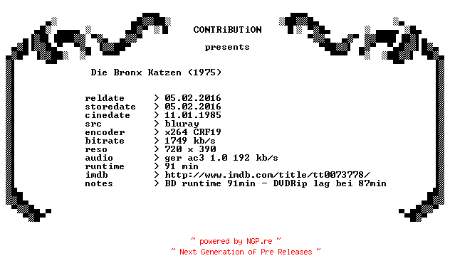 NFO for the release Die.Bronx.Katzen.UNCUT.1975.German.BDRip.x264-CONTRiBUTiON by CONTRiBUTiON