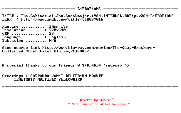 NFO for the release The.Cabinet.of.Jan.Svankmajer.1984.iNTERNAL.BDRip.x264-LiBRARiANS by LiBRARiANS