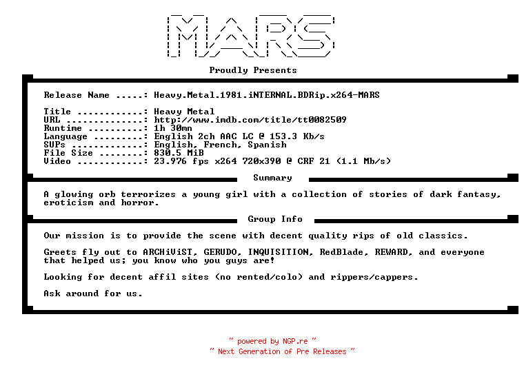 NFO for the release Heavy.Metal.1981.iNTERNAL.BDRip.x264-MARS by MARS