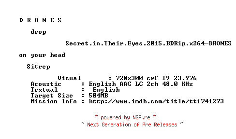 NFO for the release Secret.in.Their.Eyes.2015.BDRip.x264-DRONES by DRONES