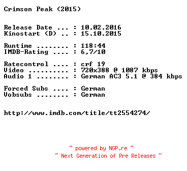 NFO for the release Crimson.Peak.German.2015.AC3.BDRiP.x264-EXQUiSiTE by EXQUiSiTE