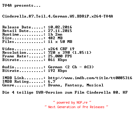 NFO for the release Cinderella.87.Teil.4.German.WS.BDRiP.x264-TV4A by TV4A