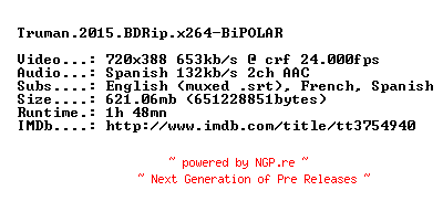 NFO for the release Truman.2015.BDRip.x264-BiPOLAR by BiPOLAR