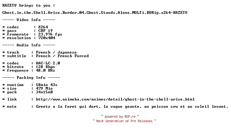 NFO for the release Ghost.in.the.Shell.Arise.Border.04.Ghost.Stands.Alone.MULTi.BDRip.x264-KAZETV by KAZETV