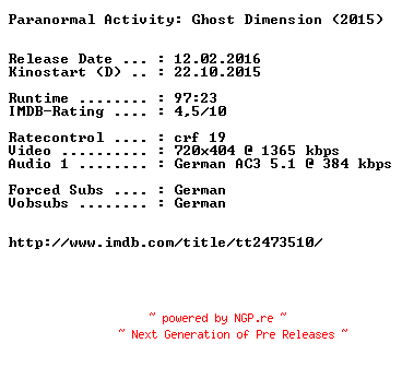 NFO for the release Paranormal.Activity.Ghost.Dimension.EXTENDED.German.2015.AC3.BDRiP.x264-EXQUiSiTE by EXQUiSiTE