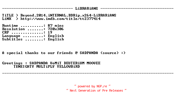 NFO for the release Beyond.2014.iNTERNAL.BDRip.x264-LiBRARiANS by LiBRARiANS