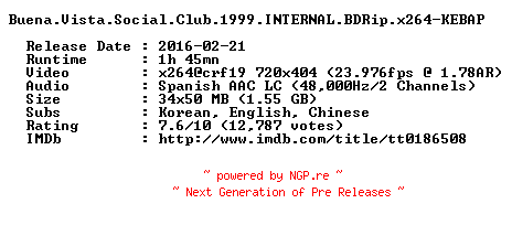 NFO for the release Buena.Vista.Social.Club.1999.INTERNAL.BDRip.x264-KEBAP by KEBAP