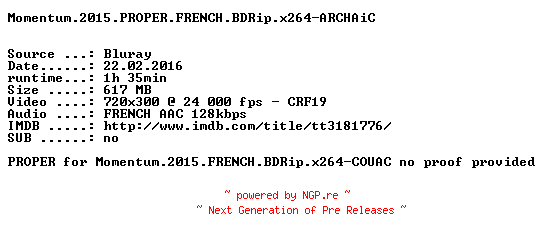 NFO for the release Momentum.2015.PROPER.FRENCH.BDRip.x264-ARCHAiC by ARCHAiC