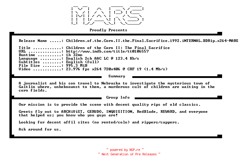 NFO for the release Children.of.the.Corn.II.the.Final.Sacrifice.1992.iNTERNAL.BDRip.x264-MARS by MARS