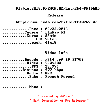 NFO for the release Diablo.2015.FRENCH.BDRiP.x264-PRiDEHD by PRiDEHD