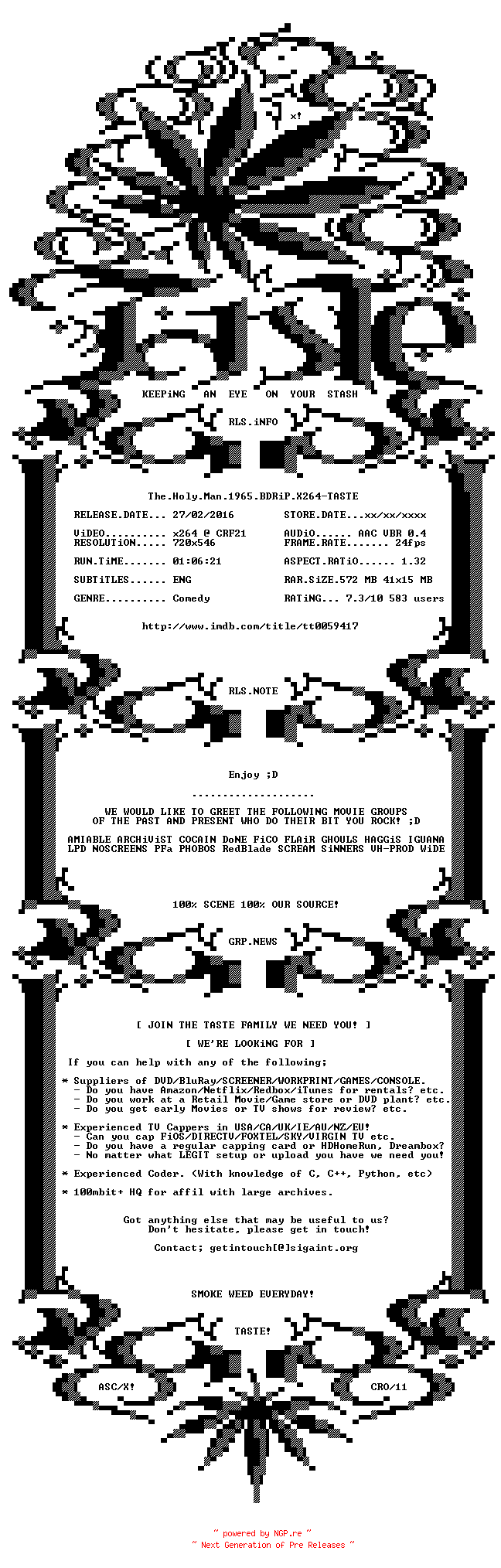 NFO for the release The.Holy.Man.1965.BDRiP.X264-TASTE by TASTE