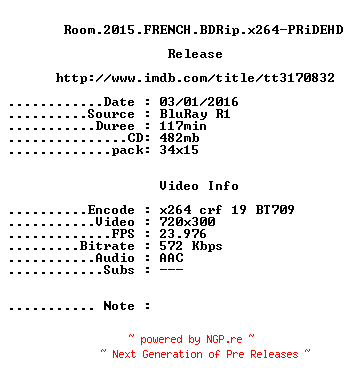 NFO for the release Room.2015.FRENCH.BDRip.x264-PRiDEHD by PRiDEHD