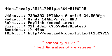 NFO for the release Miss.Lovely.2012.BDRip.x264-BiPOLAR by BiPOLAR