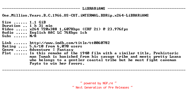 NFO for the release One.Million.Years.B.C.1966.US-CUT.iNTERNAL.BDRip.x264-LiBRARiANS by LiBRARiANS