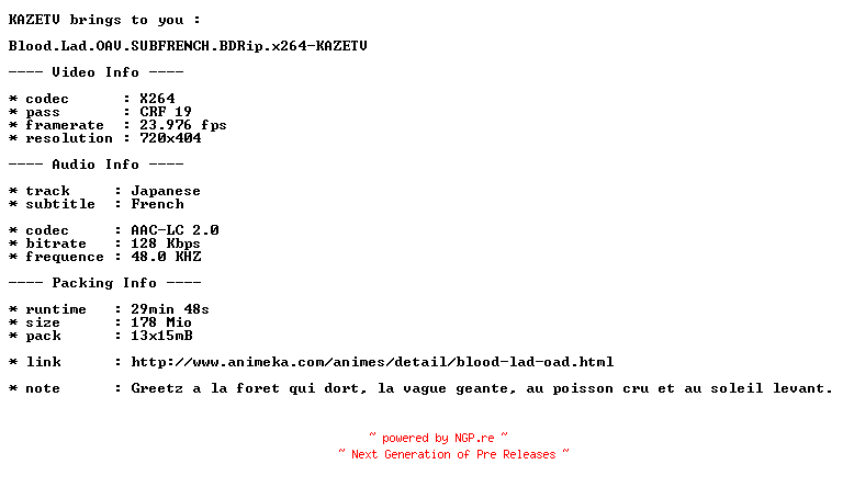NFO for the release Blood.Lad.OAV.SUBFRENCH.BDRip.x264-KAZETV by KAZETV