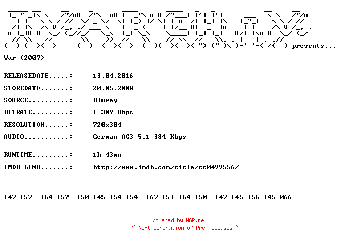 NFO for the release War.2007.German.BDRip.x264.iNTERNAL-TVARCHiV by TVARCHiV
