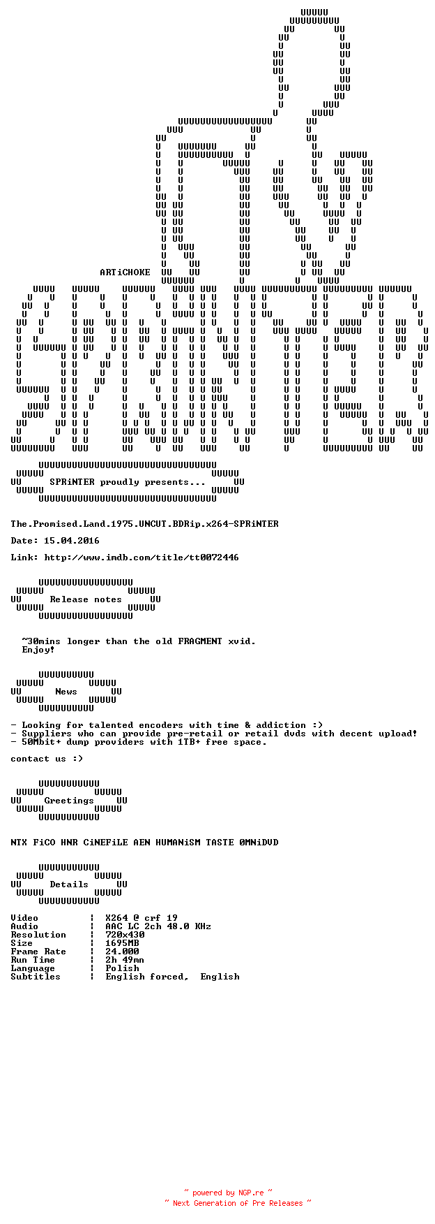 NFO for the release The.Promised.Land.1975.UNCUT.BDRip.x264-SPRiNTER by SPRiNTER