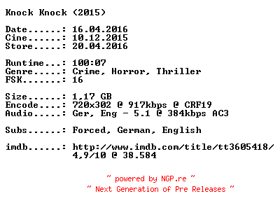 NFO for the release Knock.Knock.German.2015.DL.BDRiP.x264-CiNEViSiON by CiNEViSiON