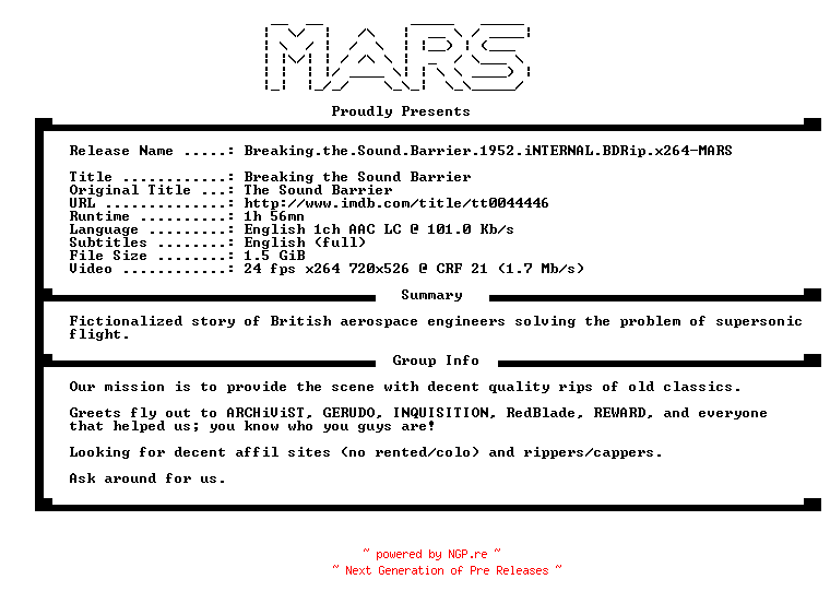 NFO for the release Breaking.the.Sound.Barrier.1952.iNTERNAL.BDRip.x264-MARS by MARS